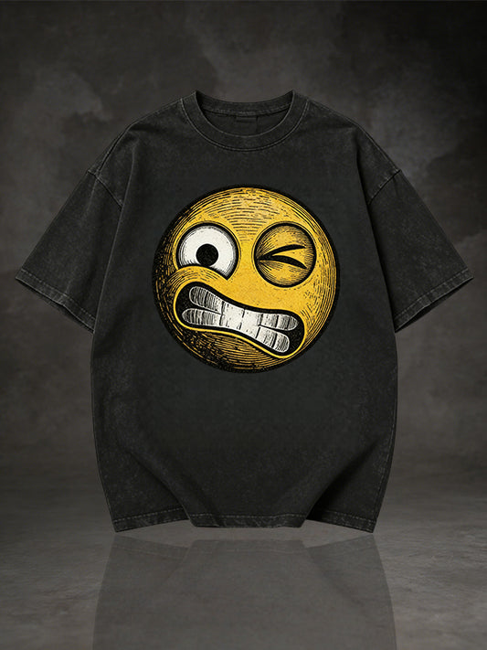 Men's Winking Grinning Emoji Retro Comic Graphic Short Sleeve T-Shirt