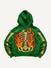 Ripped Distressed Flame Skull Hoodie