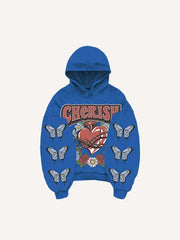 Floral&Letter&Butterfly&Heart Faux Decal Print Slant Pockets Hoodie