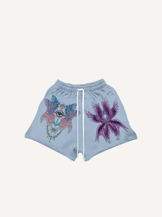 Eye&Wing Print Drawstring Waist Shorts