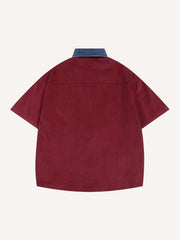 Figure&Letter Embroidery Splicing Denim Collar Shirt