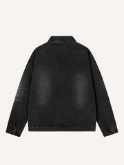 Distressed Washed Letter Embroidery Denim Jacket