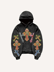 Mary Pray Cross Print Slant Pockets Hoodie
