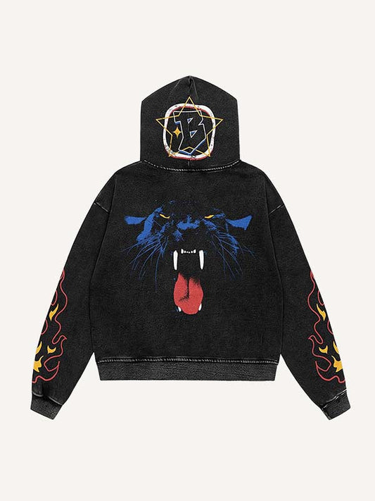 Kapuzenmantel mit Reißverschluss und Leoparden-, Feuer- und Buchstabenmuster