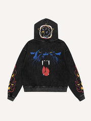 Leopard&Fire&Letter Print Zip Up Hooded Coat