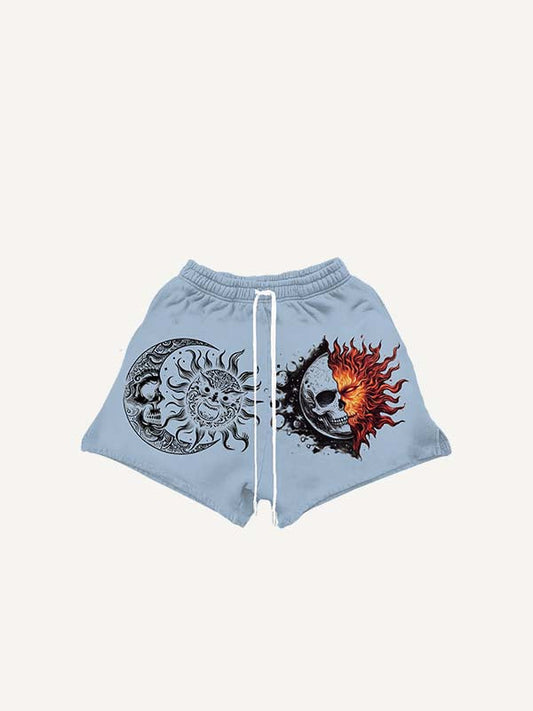 Evil Sun&Moon&Skull&Graphic Print Drawstring Waist Shorts