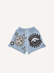 Sun&Moon&Eye&Star Faux Decal Print Drawstring Waist Shorts