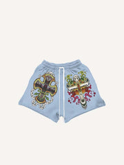 Cross&Wing&Graphic&Letter Print Drawstring Waist Shorts
