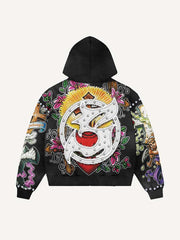 Angel&Cross&Wing&Floral&Graphic&Letter Faux Decal Print Zip Up Hooded Coat