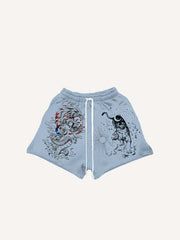 Tiger&Dragon&Phoenix&Sun&Moon Print Drawstring Waist Shorts