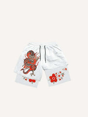 Fake Two Pieces Tiger&Floral Print Drawstring Waist Shorts