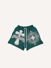Cross&Fire&Letter Faux Rhinestones Print Drawstring Waist Shorts