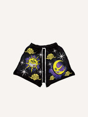 Evil Sun&Moon&Cloud&Graphic Print Drawstring Waist Shorts