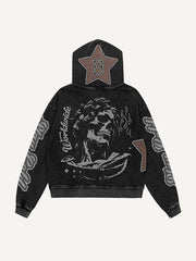 Skeleton&Star&Letter Faux Decal Print Zip Up Hooded Coat