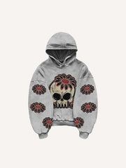 Skull Floral Heart Print Slant Pockets Hoodie