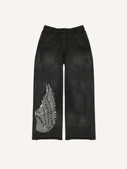 Cross&Wing Faux Rhinestones Print Elastic Waist Pants