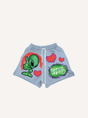 Alien&Letter Print Drawstring Waist Shorts