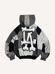 Colorblock Skeleton Paisley Letter Faux Decal Print Slant Pockets Hoodie