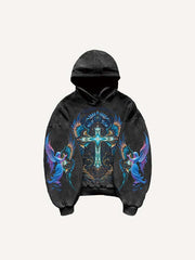 Figure Cross Wing Graphic Letter Print Slant Pockets Hoodie