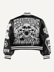 Skull patchwork handsome motorcycle style print baseball jacket