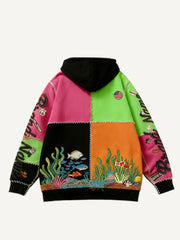 Swim in the Underwater World Patchwork Effect Hooded Sweatshirt
