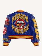 Trendy patchwork personalized lightweight printed red lip baseball jacket
