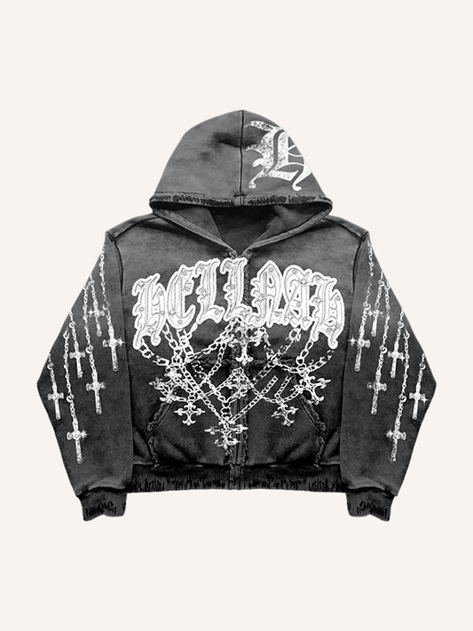 Washed distressed hooded cross sweatshirt