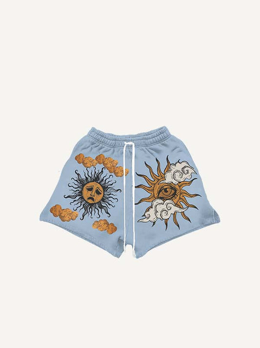 Shorts mit Kordelzug in der Taille und traurigem Sonnen-, Augen- und Wolken-Print