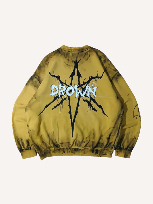 Fashionable knitted sweatshirt with distressed cursive