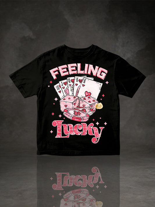 "FEELING Lucky" Heart Poker & Pink Dice Graphic T-Shirt