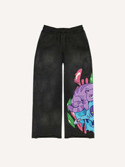 Skull&Cat&Eyeball&Graphic Print Elastic Waist Pants