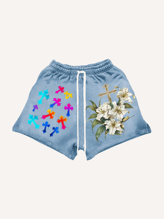 Gradient Shiny Crew Neck Knitted Print Shorts