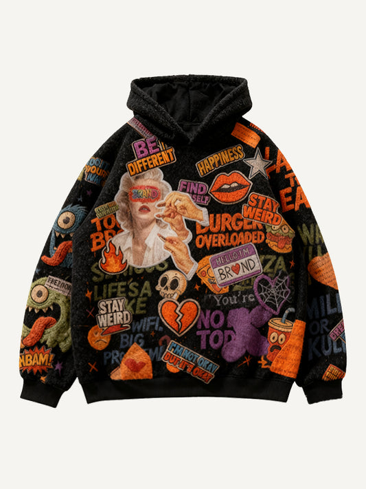 Hoodie with towel-textured appliqués and felt embroidery