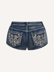 Rhinestone Embroidery Denim Fashion Essential Shorts