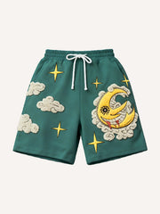 Classic sun and moon embroidered effect print thermal shorts