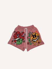 Smiley Face&Heart&Money&Letter Print Drawstring Waist Shorts
