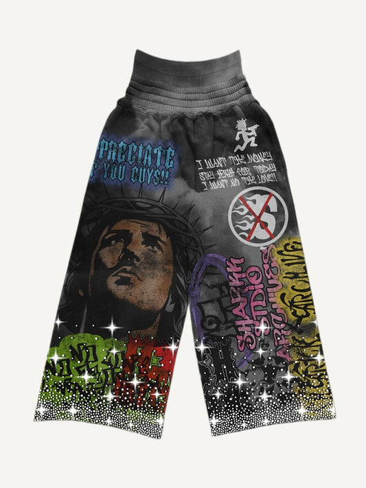 Jesus Christ Sitting Distressed Print Trousers