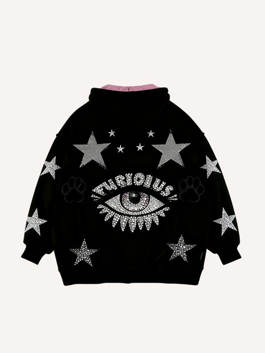 Rhinestone Heart Print Stylish Hoodie