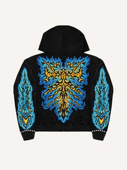 Skeleton&Fire Print Zip Up Hooded Coat