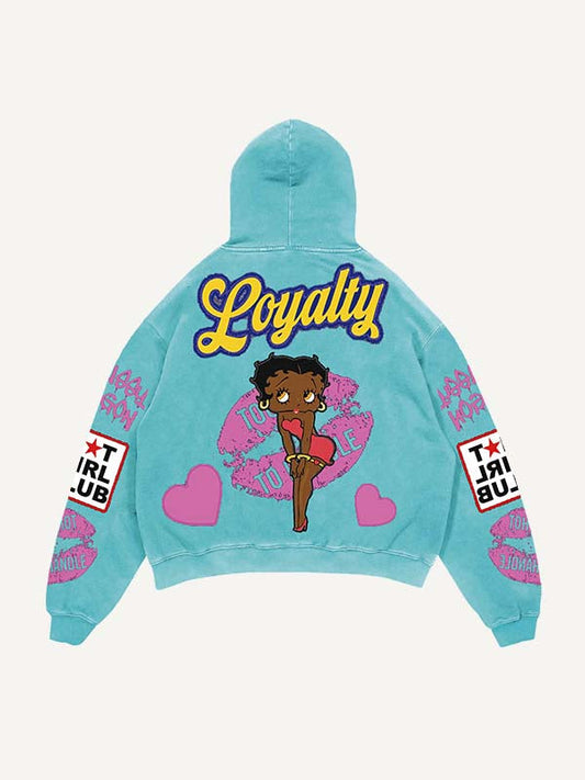 Kapuzenpullover mit Figur, Lippen, Herz und Buchstaben, Aufdruck und schrägen Taschen