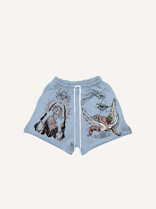 Figure&Wing&Eye&Graphic Print Drawstring Waist Shorts