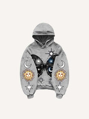Butterfly Sun Moon Graphic Print Slant Pockets Hoodie