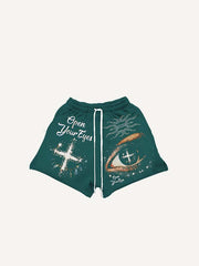 Eye&Fire&Letter Faux Rhinestones Print Drawstring Waist Shorts