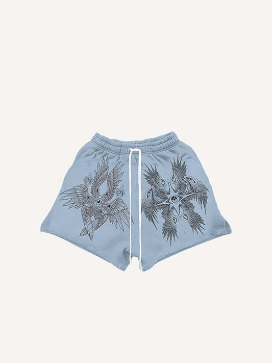 Eye&Wing Print Drawstring Waist Shorts