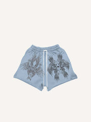 Eye&Wing Print Drawstring Waist Shorts