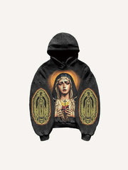 Mary Pray Cross Wing Graphic Heart Print Slant Pockets Hoodie