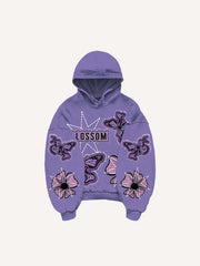 Butterfly&Floral Faux Decal Print Slant Pockets Hoodie