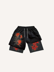 Fake Two Pieces Fish&Floral Print Drawstring Waist Shorts