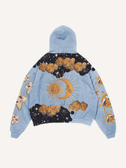 Sad Sun&Moon&Eye&Cloud&Graphic Print Slant Pockets Hoodie