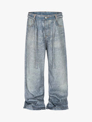 Denim Distressed Belt Diamond Decorated Jeans